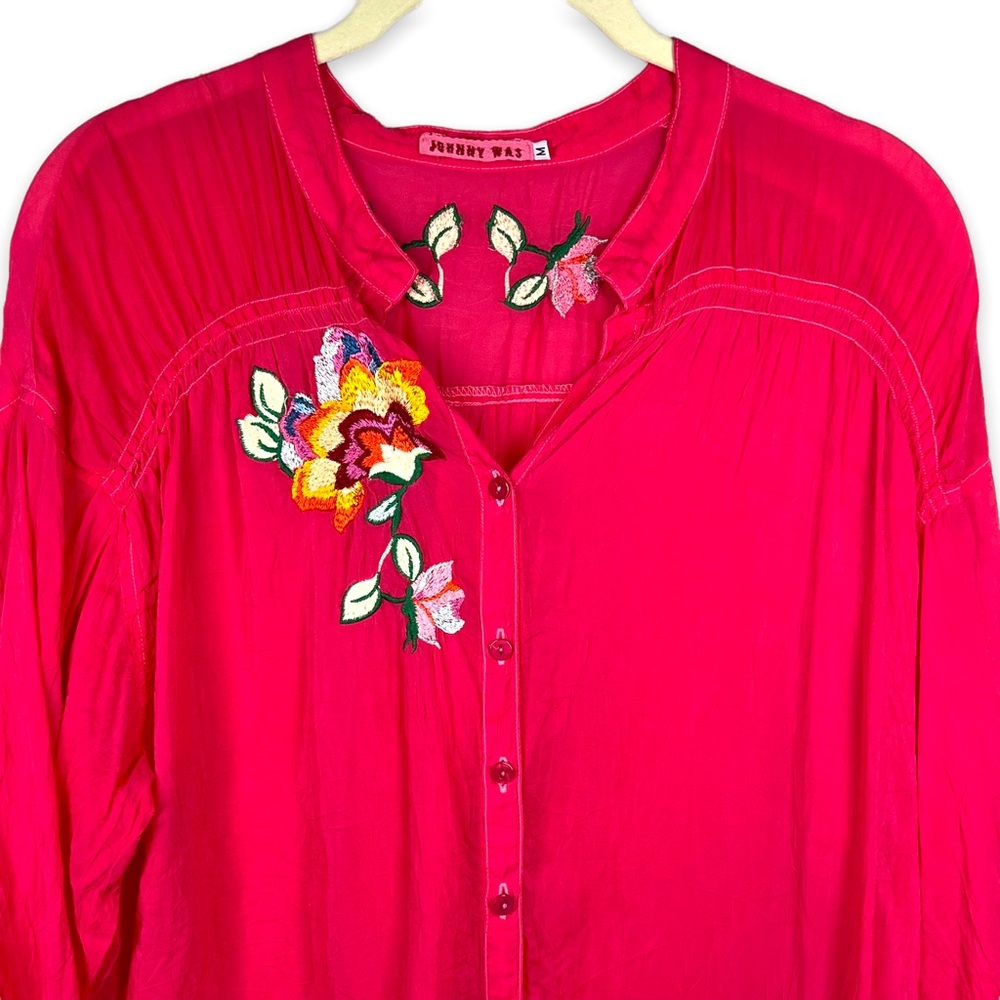 JOHNNY WAS Pink Embroidered Floral Boho Tunic Top Button Up Size Medium - Picture 2 of 12